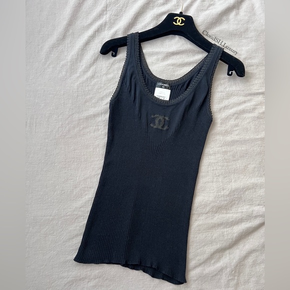 Auth Chanel Mesh CC Logo Black Knit Tank Top - Size 38 - Picture 1 of 10